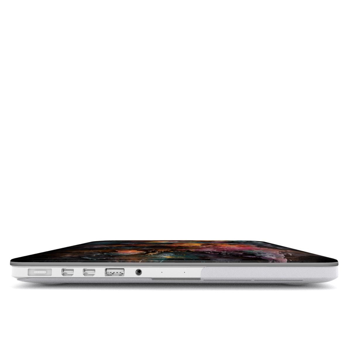 Side view of world map MacBook case showing precise port cutouts for USB and headphone jack, slim hard shell fit