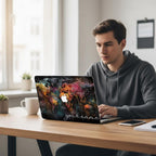 Personalized MacBook hard shell case featuring a colorful world map in graffiti style with spray paint drips and "your name" custom text. High-quality urban art print on a protective two-piece plastic .