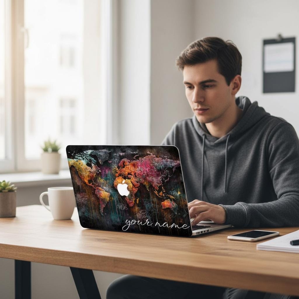 Personalized MacBook hard shell case featuring a colorful world map in graffiti style with spray paint drips and "your name" custom text. High-quality urban art print on a protective two-piece plastic .