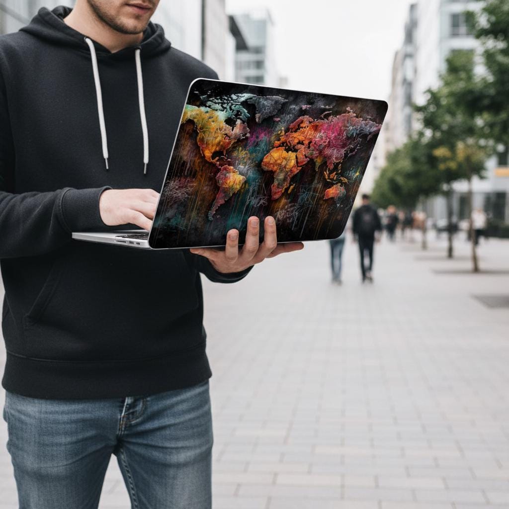 Man holding MacBook with colorful graffiti world map hard shell case outdoors, travel laptop cover for him