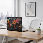 Graffiti world map MacBook case on clean office desk with city view, aesthetic travel laptop cover