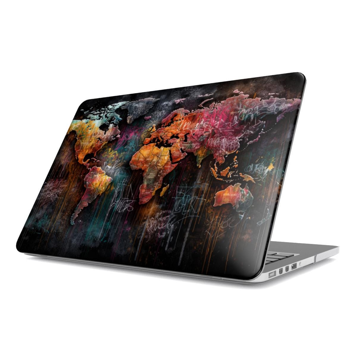 Graffiti world map MacBook hard shell case without logo cutout on white background, street art laptop cover