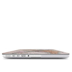 Side view of MacBook with vintage world map case showing slim profile and precise cutouts for USB ports and headphone jack, hard shell laptop cover