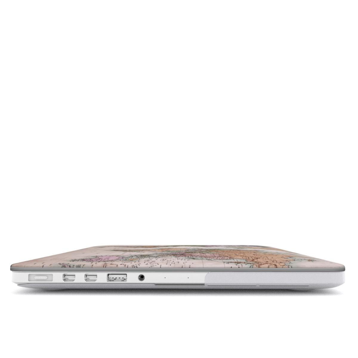 Side view of MacBook with vintage world map case showing slim profile and precise cutouts for USB ports and headphone jack, hard shell laptop cover