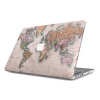 Vintage world map MacBook hard shell case on white background with Apple logo cutout, antique cartographic laptop cover in rose and sage tones