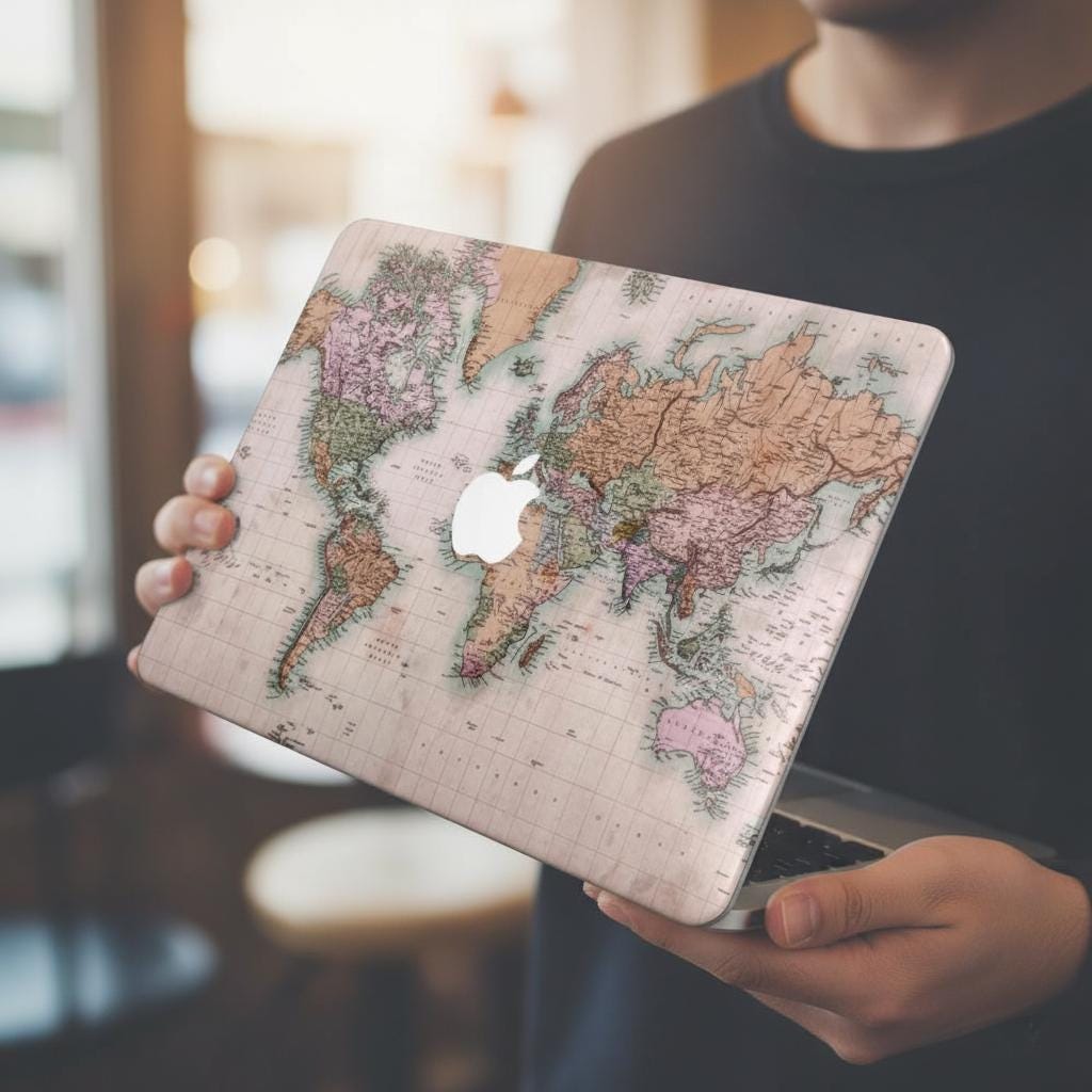 Person holding MacBook with vintage world map hard shell case, detailed cartographic print in rose and sage tones, personalized laptop cover