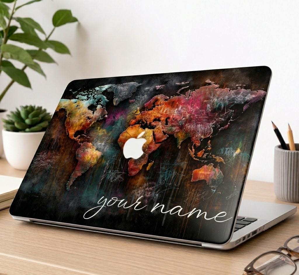 Personalized world map MacBook case with custom name on desk, graffiti street art hard shell cover