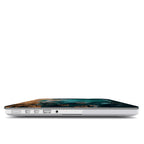 Side view of ocean MacBook hard shell case showing precise port cutouts for USB-C MagSafe and headphone jack, slim fit laptop cover