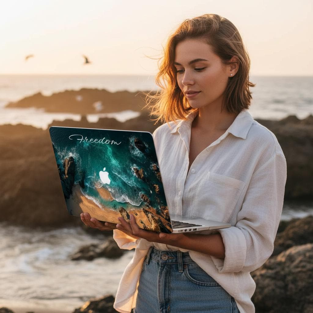 Woman holding MacBook with custom ocean aerial case at sunset on rocky coastline, personalized Freedom hard shell laptop cover