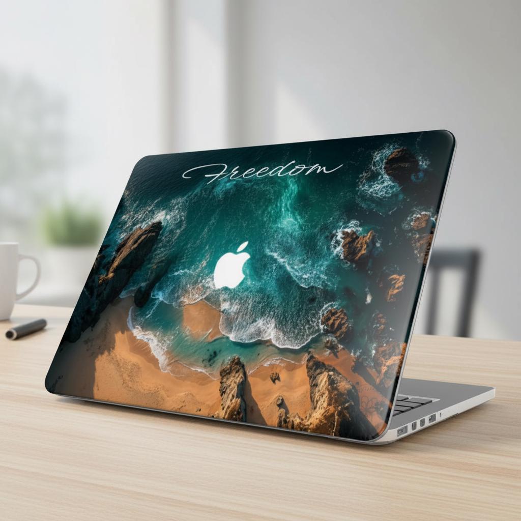 Custom name ocean MacBook case on wooden desk, aerial turquoise sea hard shell laptop cover with personalized Freedom script text