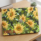Custom name Karolina sunflower MacBook case on wooden desk with succulent, personalized bold yellow floral hard shell laptop cover