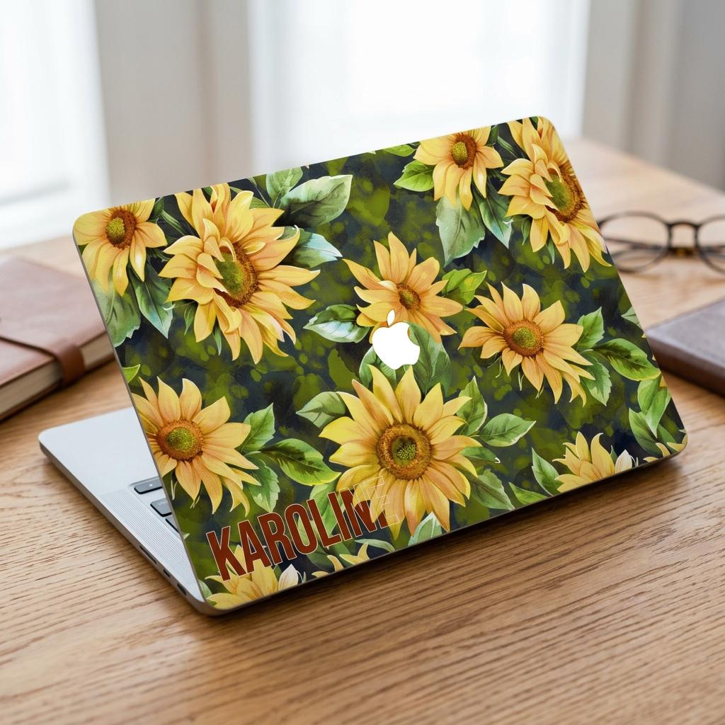 Custom name sunflower MacBook case on wooden desk with books and glasses, personalized yellow floral hard shell laptop cover gift for her