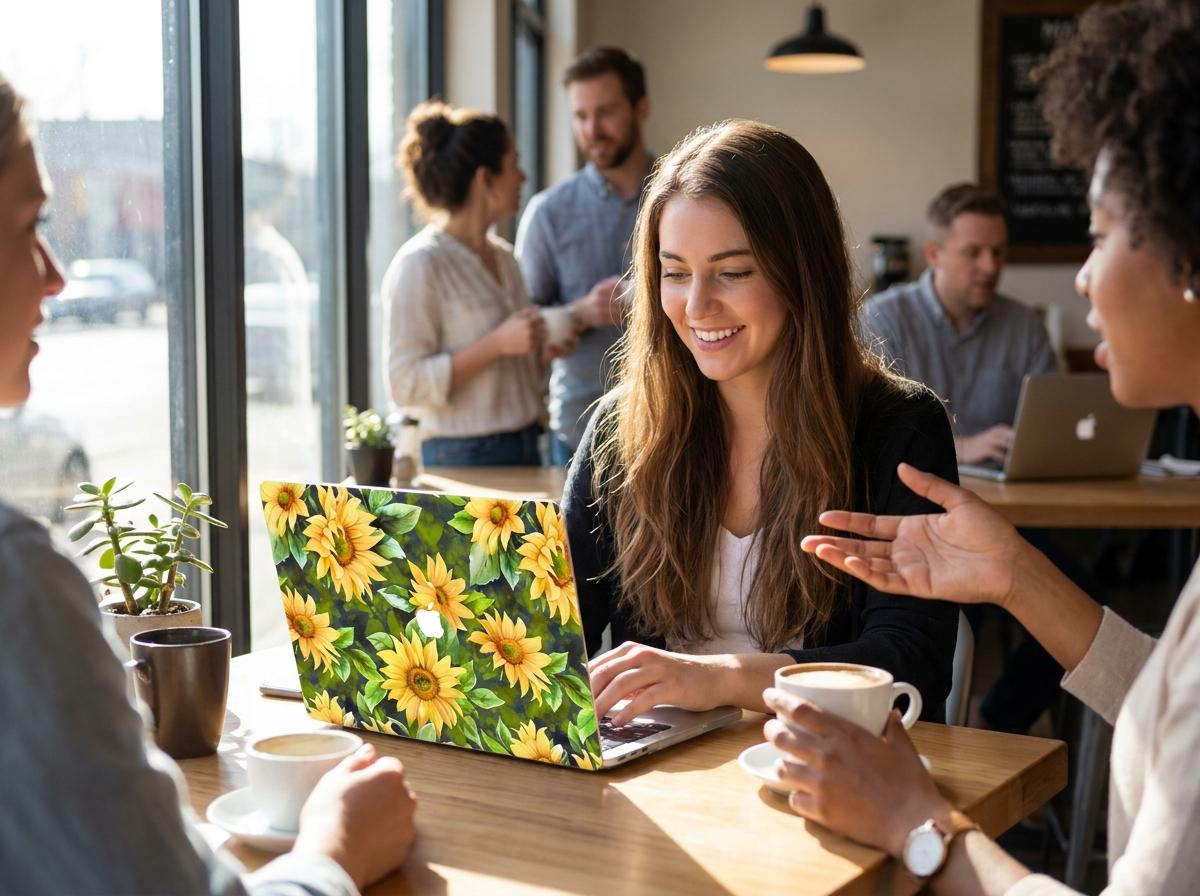 Woman smiling in coffee shop with sunflower MacBook case, personalized yellow floral hard shell laptop cover aesthetic lifestyle