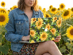 Woman holding sunflower MacBook case in sunflower field, personalized yellow floral hard shell laptop cover nature aesthetic gift for her