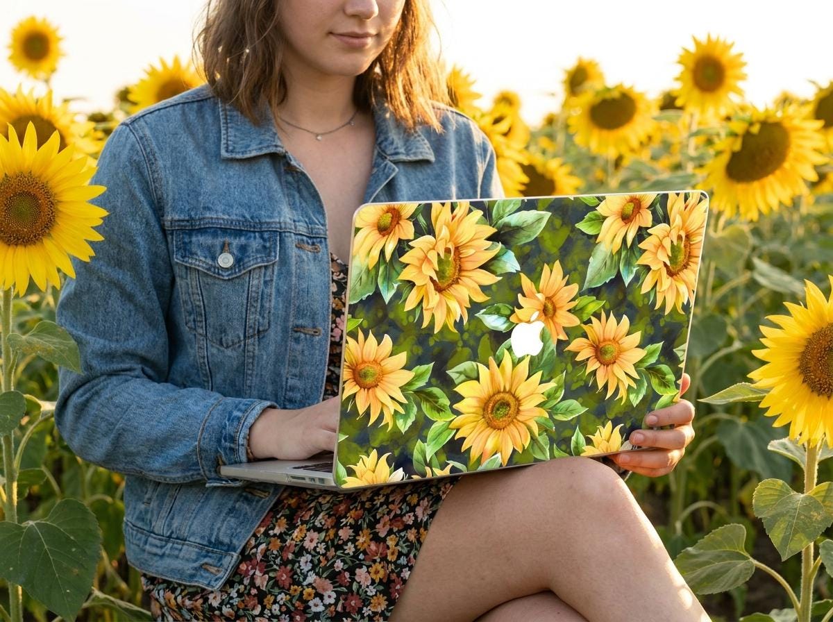 Woman holding sunflower MacBook case in sunflower field, personalized yellow floral hard shell laptop cover nature aesthetic gift for her
