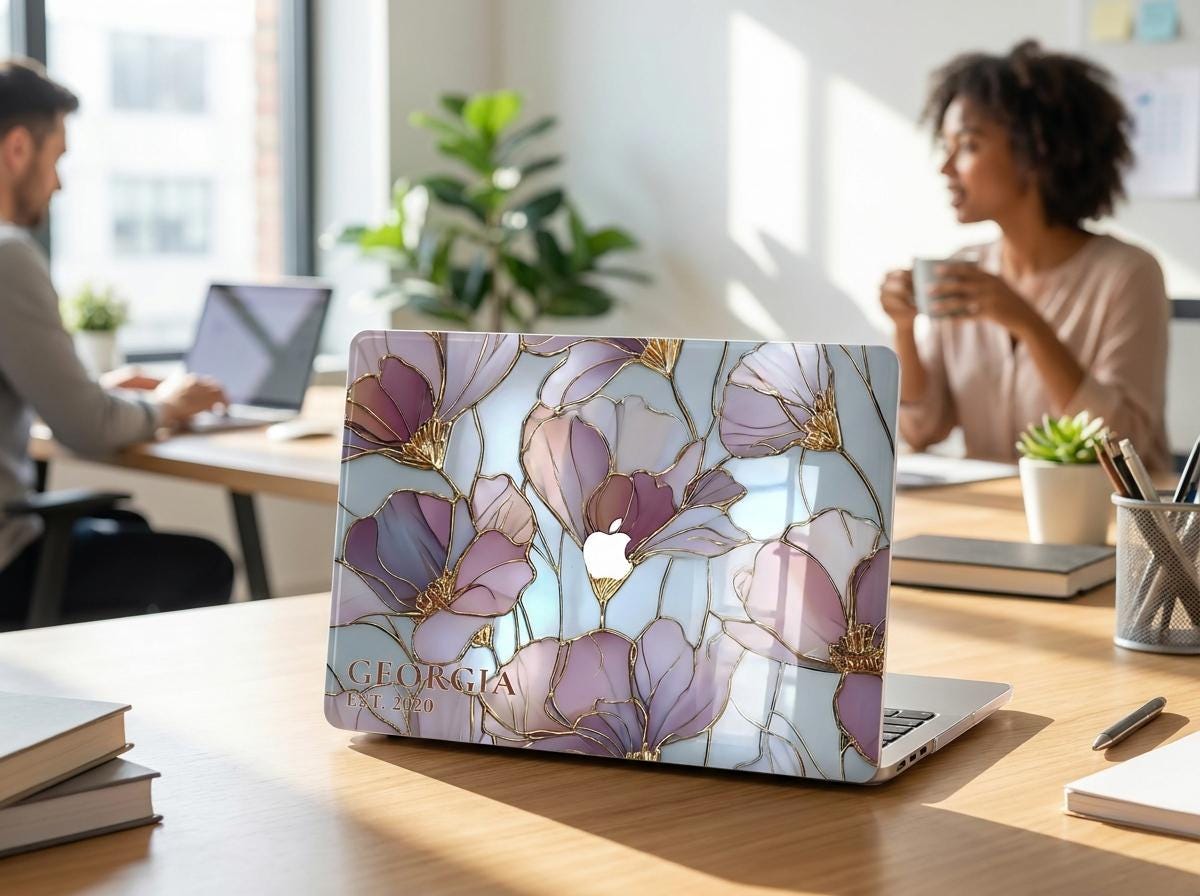 Custom name stained glass floral MacBook case on office desk, personalized purple gold magnolia hard shell laptop cover aesthetic workspace gift for her