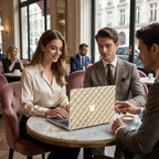 Woman using MacBook with quilted beige diamond pattern case in elegant cafe, personalized pearl stud laptop cover for MacBook Air and Pro