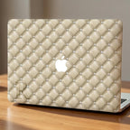 Personalized quilted MacBook case with custom initial monogram, beige diamond pattern hard shell laptop cover with pearl studs and Apple logo cutout