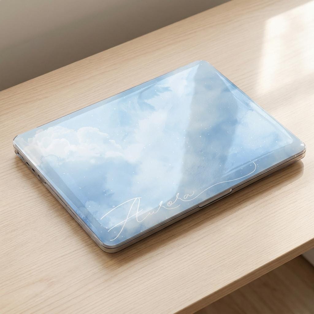 Sky cloud MacBook case closed top view on wooden desk showing soft blue watercolor cloud print with white signature script name Aurora and clear bottom shell