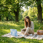 Custom name MacBook case with soft blue watercolor sky and cloud print, lifestyle photo of woman reading book on picnic blanket in park with laptop