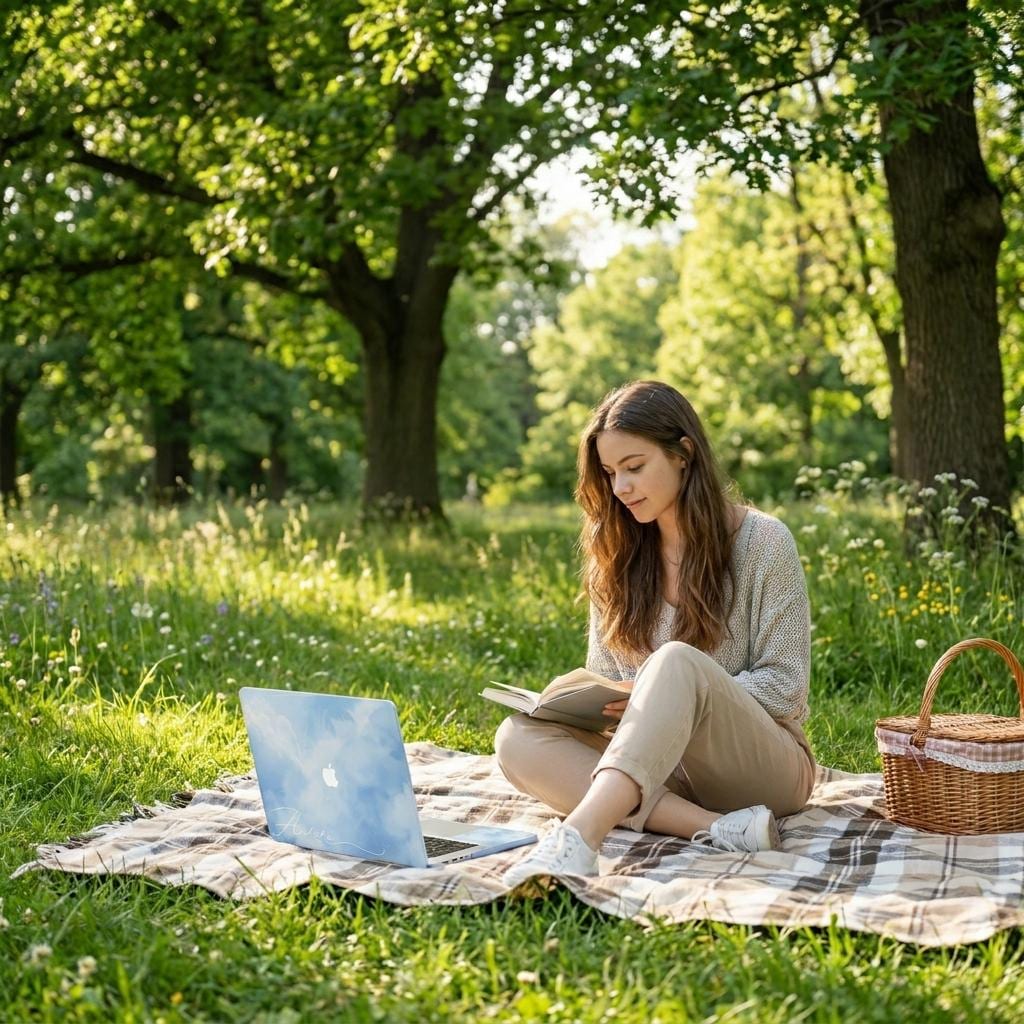 Custom name MacBook case with soft blue watercolor sky and cloud print, lifestyle photo of woman reading book on picnic blanket in park with laptop
