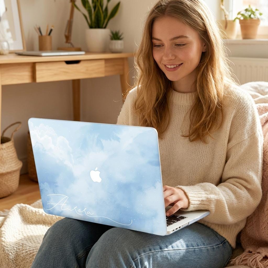 Custom name MacBook case with soft blue watercolor sky design, personalized with white signature script, lifestyle photo of smiling woman using laptop in cozy home setting