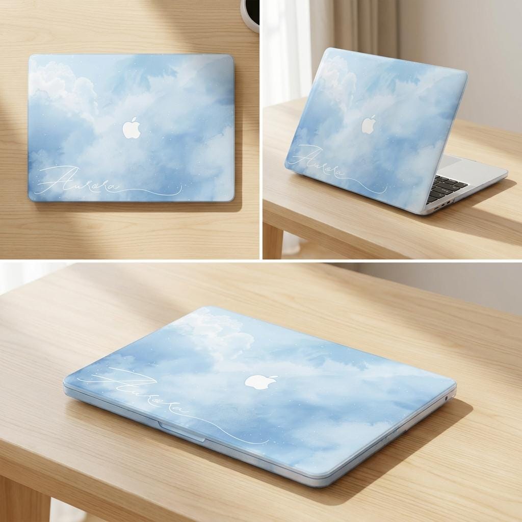 Sky cloud MacBook case three views — front flat lay, side angle open, and closed top view — showing soft blue watercolor cloud print with white signature script name on wooden desk