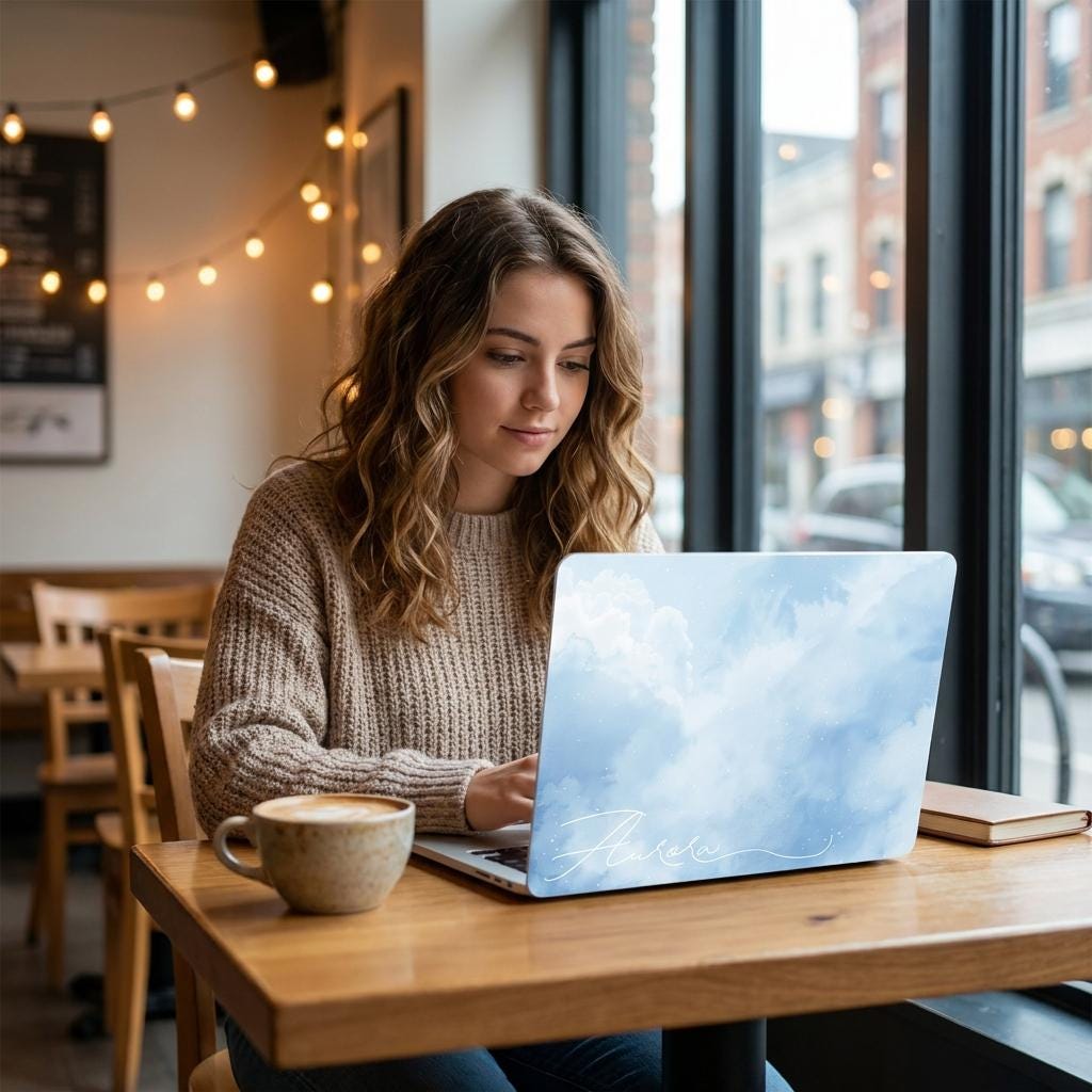 Custom name MacBook case with soft blue watercolor sky and cloud print, lifestyle photo of woman working on laptop in cafe with coffee and string lights