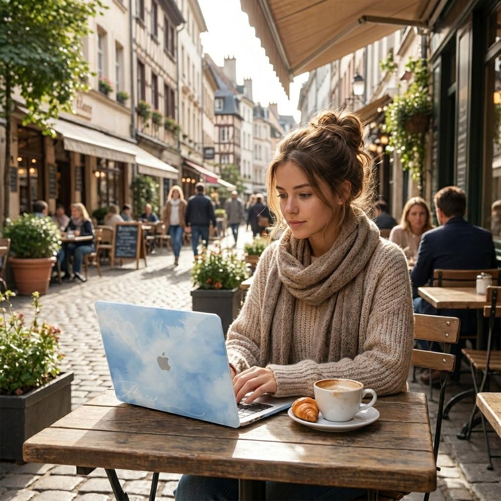 Custom name MacBook case with soft blue watercolor sky and cloud print, lifestyle photo of woman working on laptop at outdoor cafe in European street setting