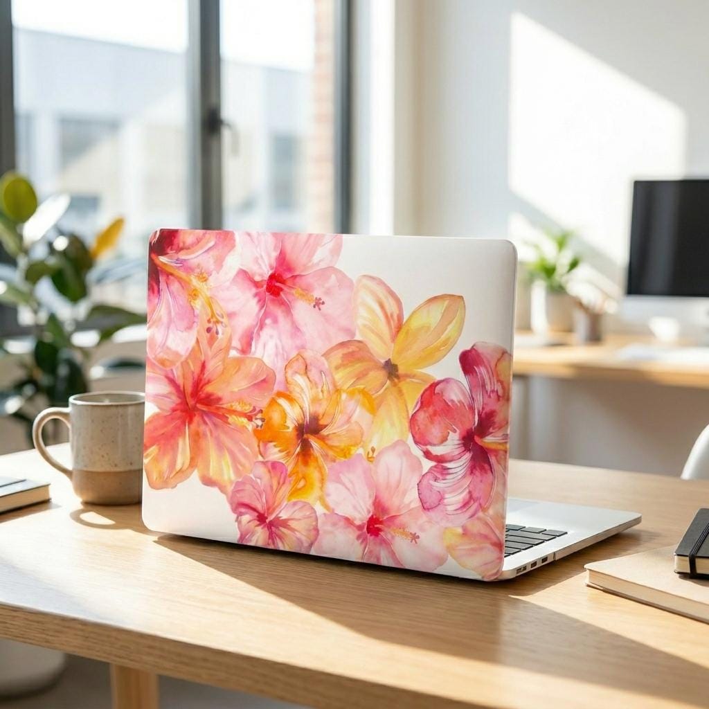 Watercolor hibiscus MacBook case on clean office desk, pink coral floral laptop cover, bright modern workspace with natural light