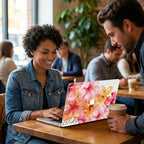 Woman smiling at laptop with custom watercolor hibiscus MacBook case, personalized initials in serif script, pink floral laptop cover, busy cafe setting