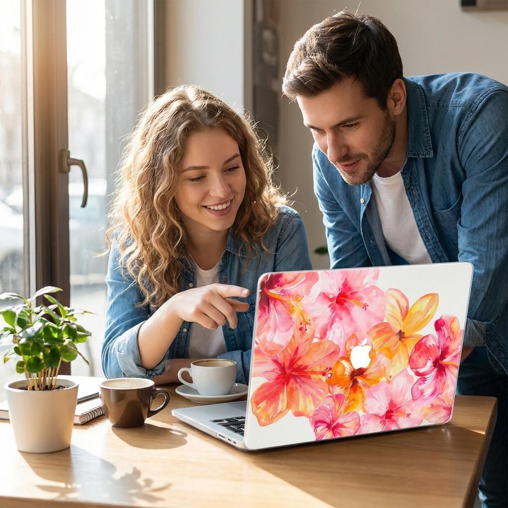 Couple looking at laptop with watercolor hibiscus MacBook case, pink coral floral laptop cover, bright cafe window light