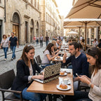 Woman working on personalized leopard print MacBook case at outdoor cafe in European city, cheetah pattern laptop cover with custom name