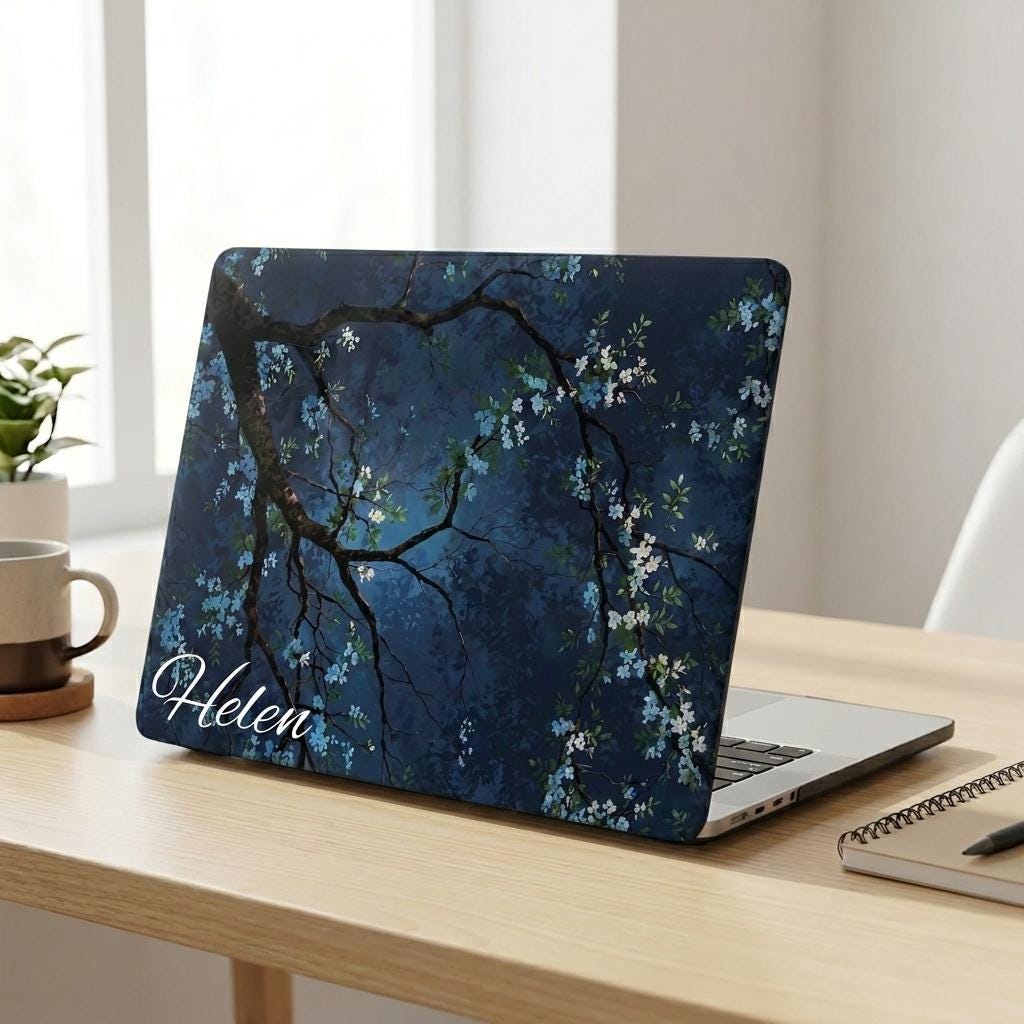 Custom name MacBook case with dark navy botanical floral design, personalized with white script name Helen, side angle view on wooden desk with coffee mug and notebook