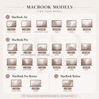 MacBook compatibility chart showing all supported models — MacBook Air 11" 13" 15", MacBook Pro 13" 14" 15" 16", MacBook Pro Retina and MacBook Retina — with model numbers to help find your exact MacBook case size