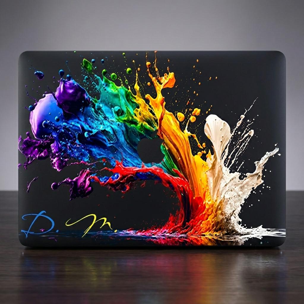 Custom colorful paint splash MacBook case with personalized initials, full cover abstract rainbow design on black, clean product shot dark background