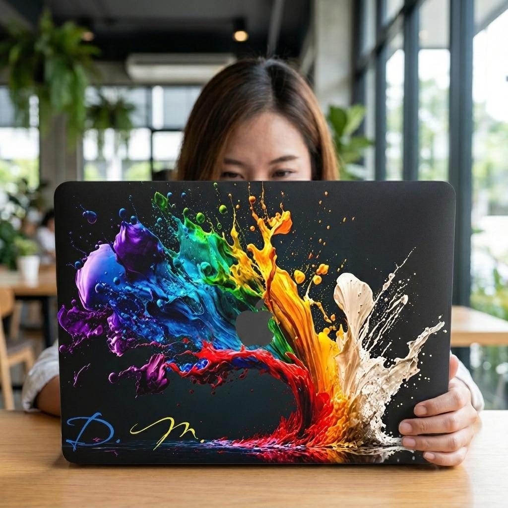 Woman holding up custom paint splash MacBook case, bold colorful rainbow abstract laptop cover with personalized initials, cafe with green plants