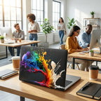 Abstract paint splash MacBook case on desk in busy creative office, colorful rainbow laptop cover, bright workspace with colleagues in background