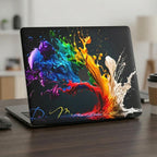 Personalized colorful paint splash MacBook case with custom initials, abstract rainbow laptop cover, modern desk setup with coffee and mouse