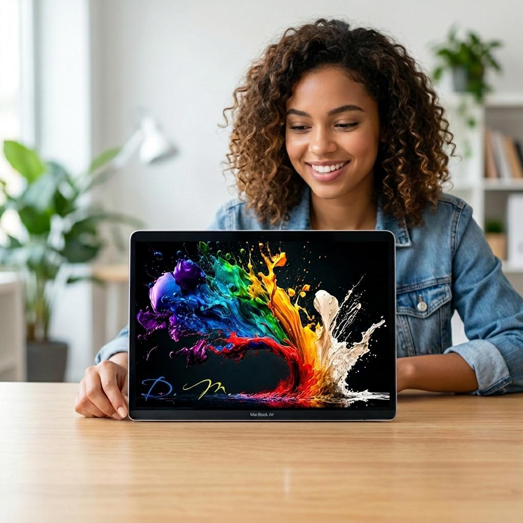 Smiling woman holding MacBook with custom colorful paint splash case, personalized initials in script, abstract rainbow laptop cover, bright home office