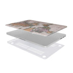 Exploded view of vintage world map MacBook case showing printed top shell and clear bottom cover with ventilation cutouts and rubber feet
