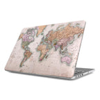Vintage world map MacBook hard shell case on white background showing full cover design without Apple logo cutout, antique cartographic laptop cover