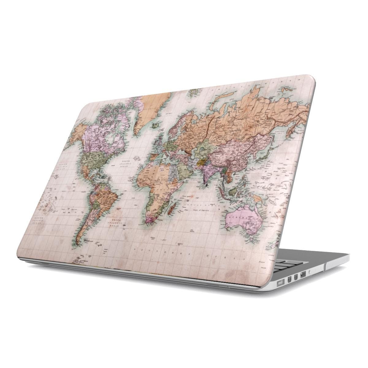 Vintage world map MacBook hard shell case on white background showing full cover design without Apple logo cutout, antique cartographic laptop cover