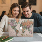 Personalized vintage world map MacBook case with custom name Fabio in handwritten script, lifestyle photo with couple in cafe