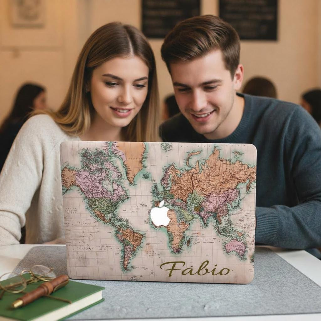 Personalized vintage world map MacBook case with custom name Fabio in handwritten script, lifestyle photo with couple in cafe