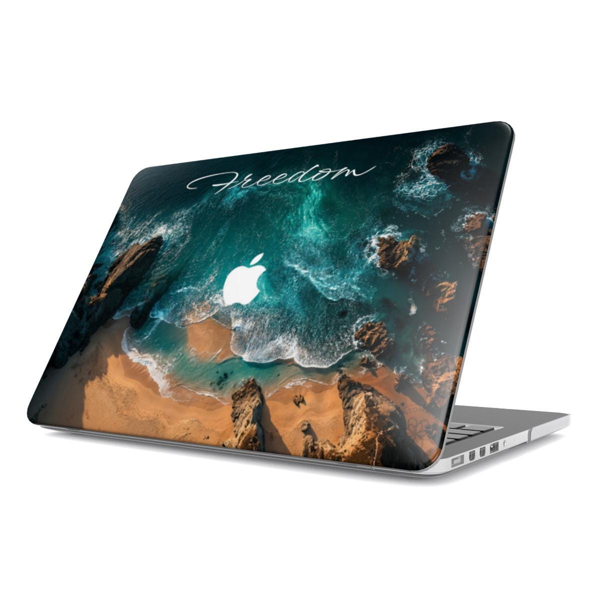 Personalized ocean MacBook case with Apple logo cutout option, custom Freedom script hard shell cover for MacBook Air and Pro