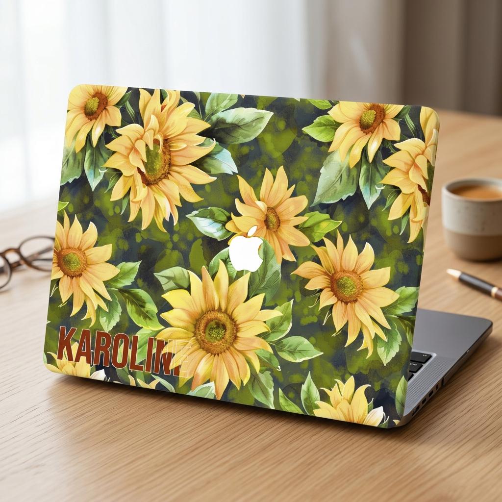 Custom name sunflower MacBook case on desk with coffee cup, personalized watercolor yellow floral hard shell laptop cover aesthetic workspace
