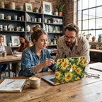 Two people working in cozy cafe with sunflower MacBook case, personalized yellow floral hard shell laptop cover aesthetic workspace