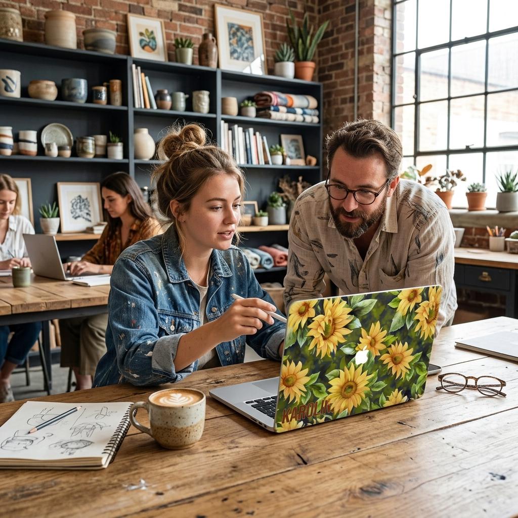 Two people working in cozy cafe with sunflower MacBook case, personalized yellow floral hard shell laptop cover aesthetic workspace