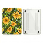 Two-piece sunflower MacBook hard shell case showing printed floral top cover and clear vented bottom shell with rubber feet